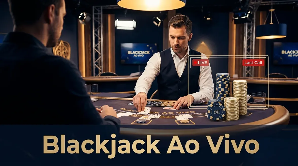 Mesa de blackjack em um cassino ao vivo com croupier e fichas.