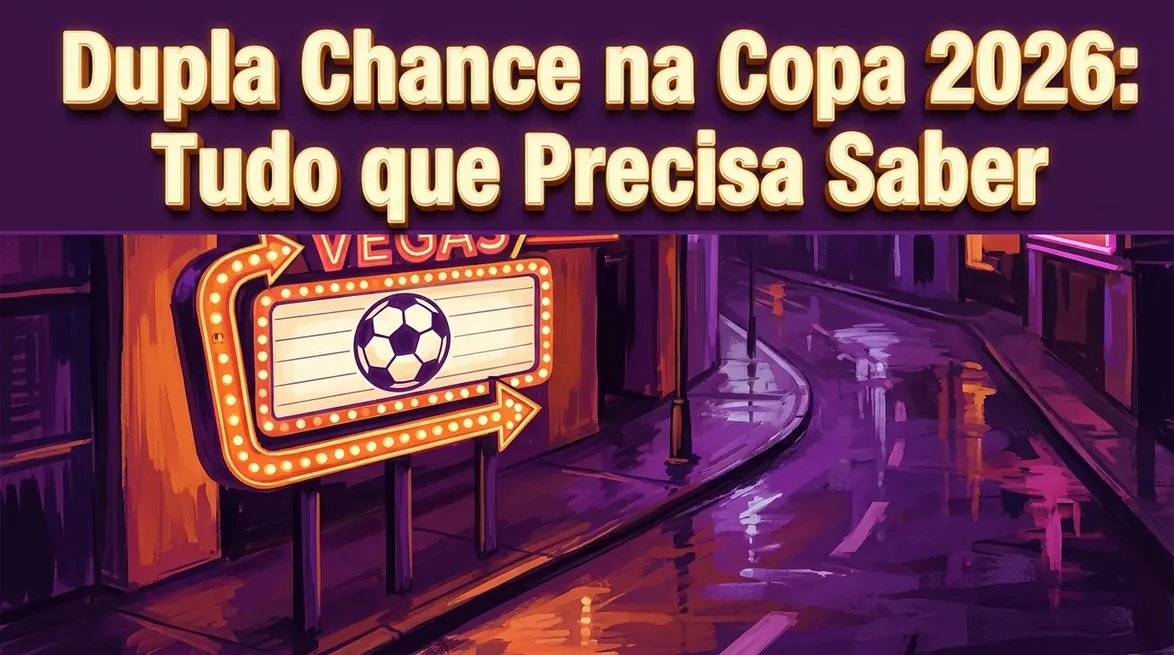 Marquee de neon retrô vibrante sobre rua molhada, destacando a dupla chance em apostas da Copa.