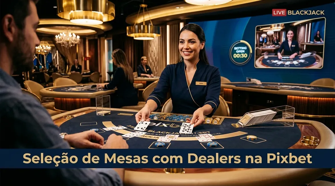 Mãos do croupier no blackjack em um estúdio ao vivo da Pixbet.
