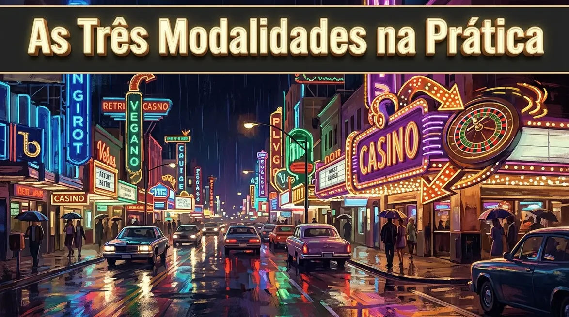 Rua retrô chuvosa com letreiros neon, destacando as três modalidades de apostas esportivas.